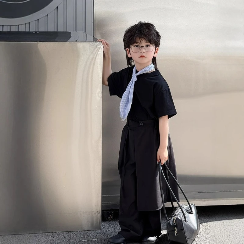 Boys' Suit - 2026 Summer New Collection of Children's Cotton T-shirts with Trendy Scarves and Fashionable Trousers.