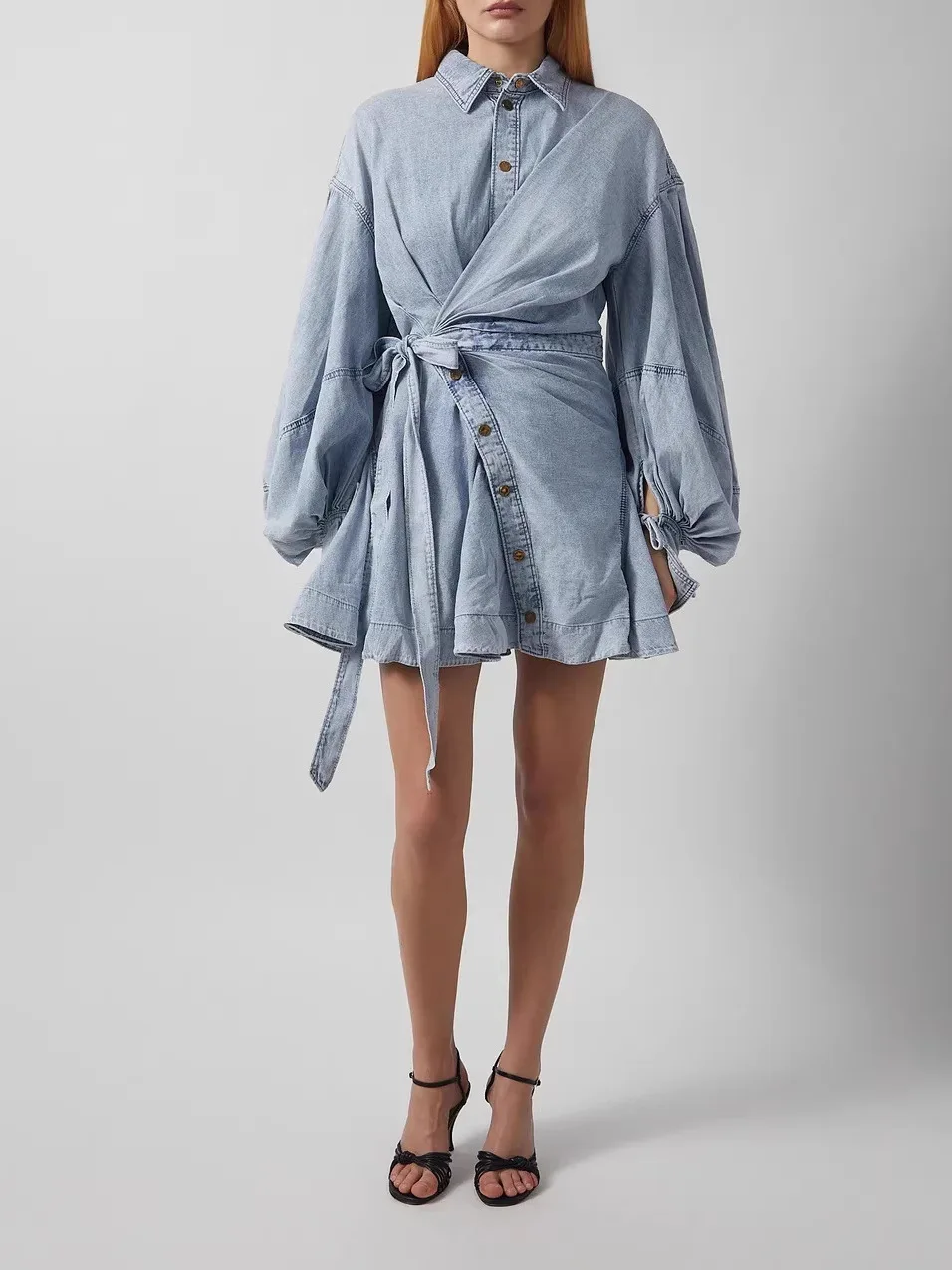 

Casual Women's Denim Dress Long Sleeve Knot A-Line Skirt Loose Fit Shirt Dress mid Waist Jeans Style New Polyester ...