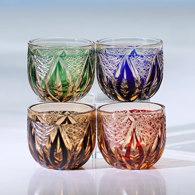 

Японский цветной стакан для саке Edo Kiriko, 2 унции, гравированный, янтарный, для соджу, для холодного чая, для вечеринок