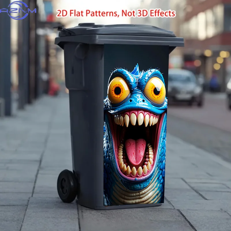 One Trash Can Sticker Measuring 37*82cm / 14.57*32.28 Inches, Featuring a Blue-Eyed Fanged Monster Pattern Design. This Matte