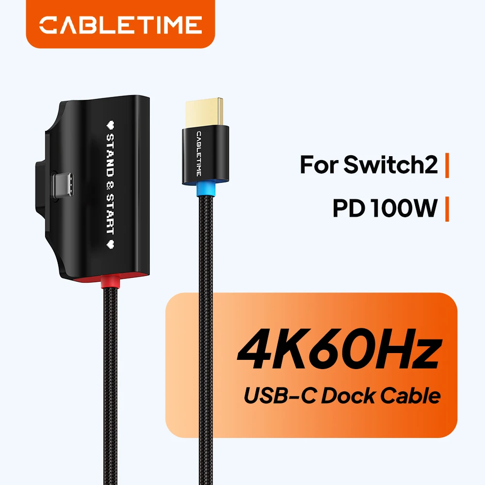 CABLETIME PD100W Type c Dock Cable  USB C to HDMI Fast Charging Keep Gaming Cable for Nintendo Switch 2 Monitor TV Projector