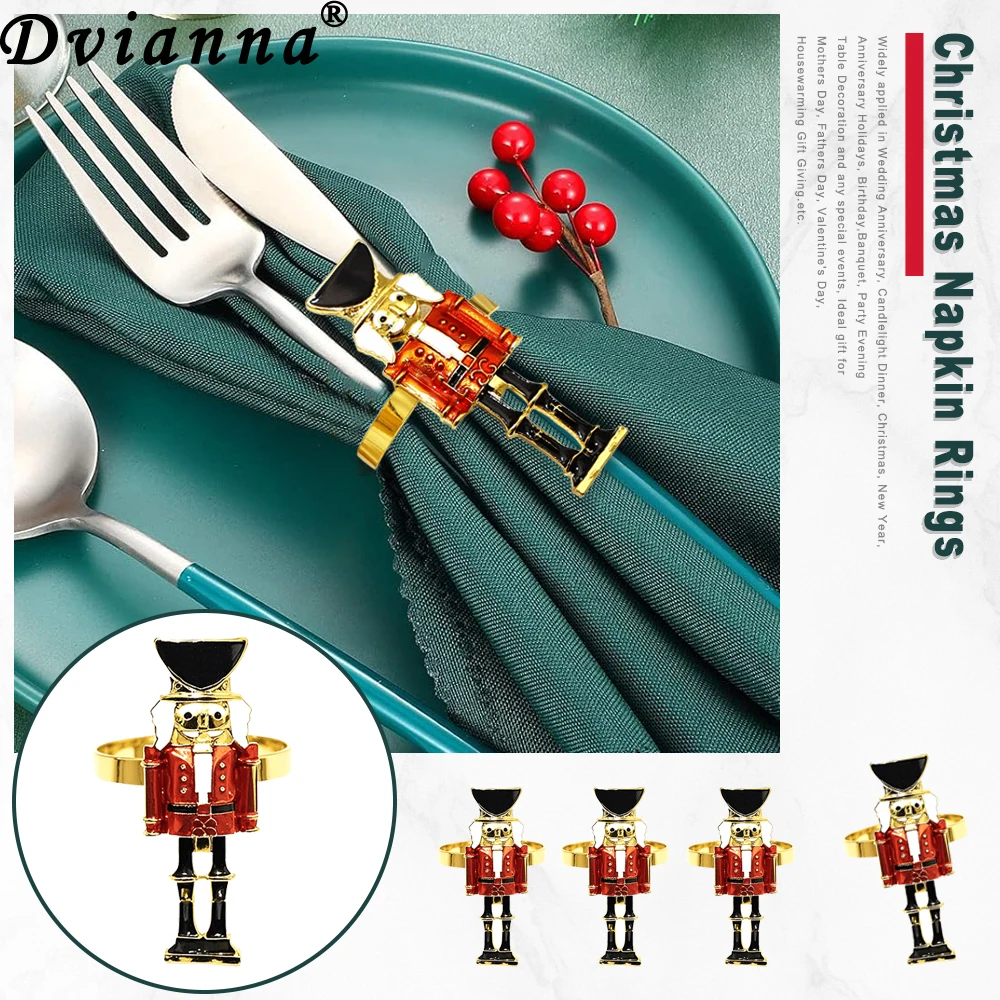 6Pcs Christmas Napkin Rings Gold Nutcracker Napkin Holders for Xmas Party Winter Wonderland Theme German-Style Table Decor