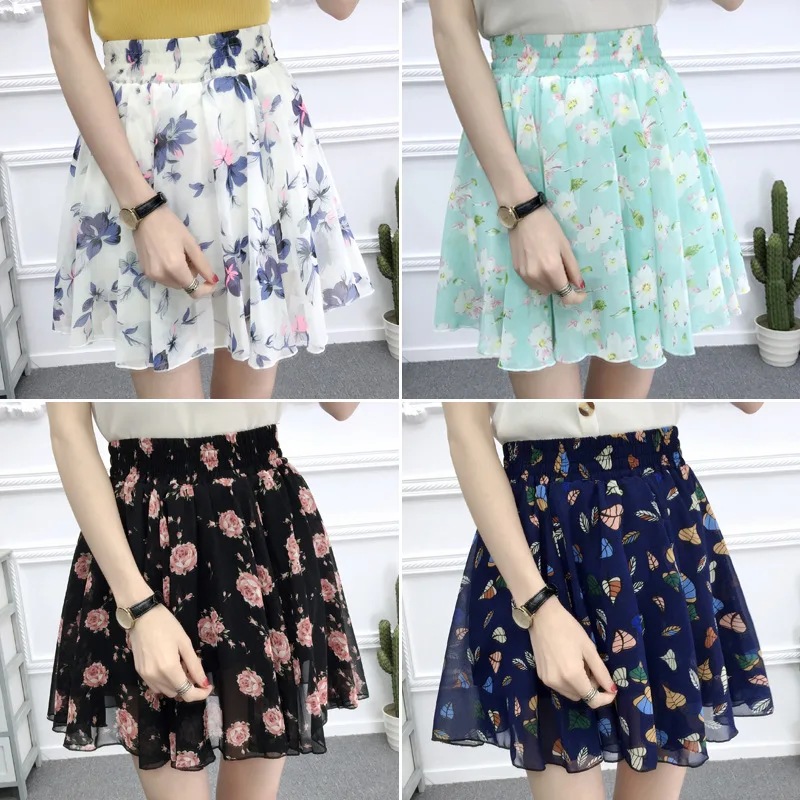 27 Colors Women\'s skirt summer New high waist printed chiffon pleated floral short skirt Safety one word floral mini skirt