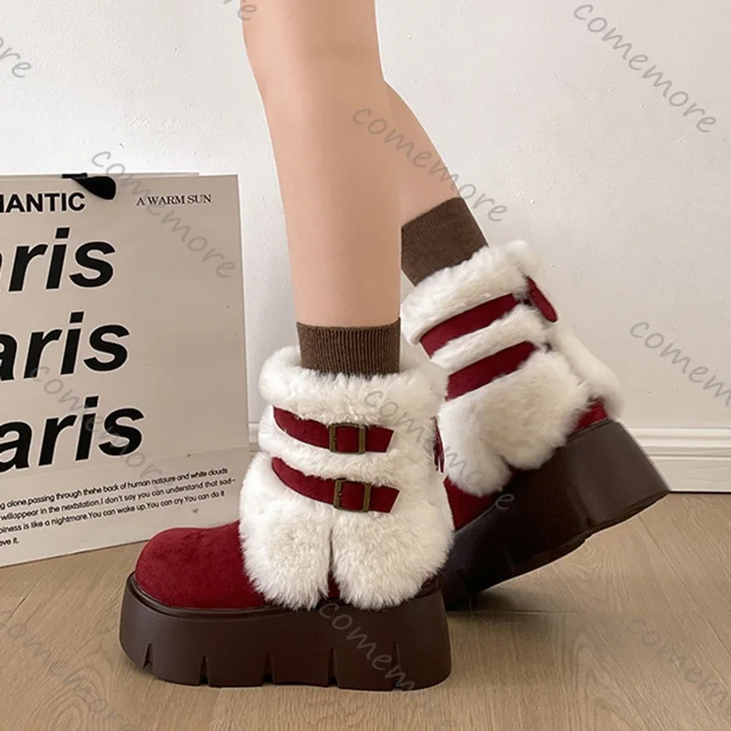 Comemore Winter Retro Thickened Women's Snow Boots Furry Warm Shoes for Women Heightened Suede Fashion Cotton Short Botines