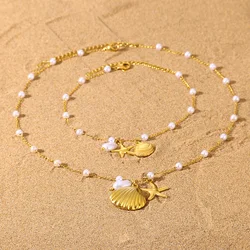 Freshwater Pearl Jewelry Set Shell Starfish Star Necklace Anklet Sets For Women Fashion Stainless Steel Chain Party Daily Gifts