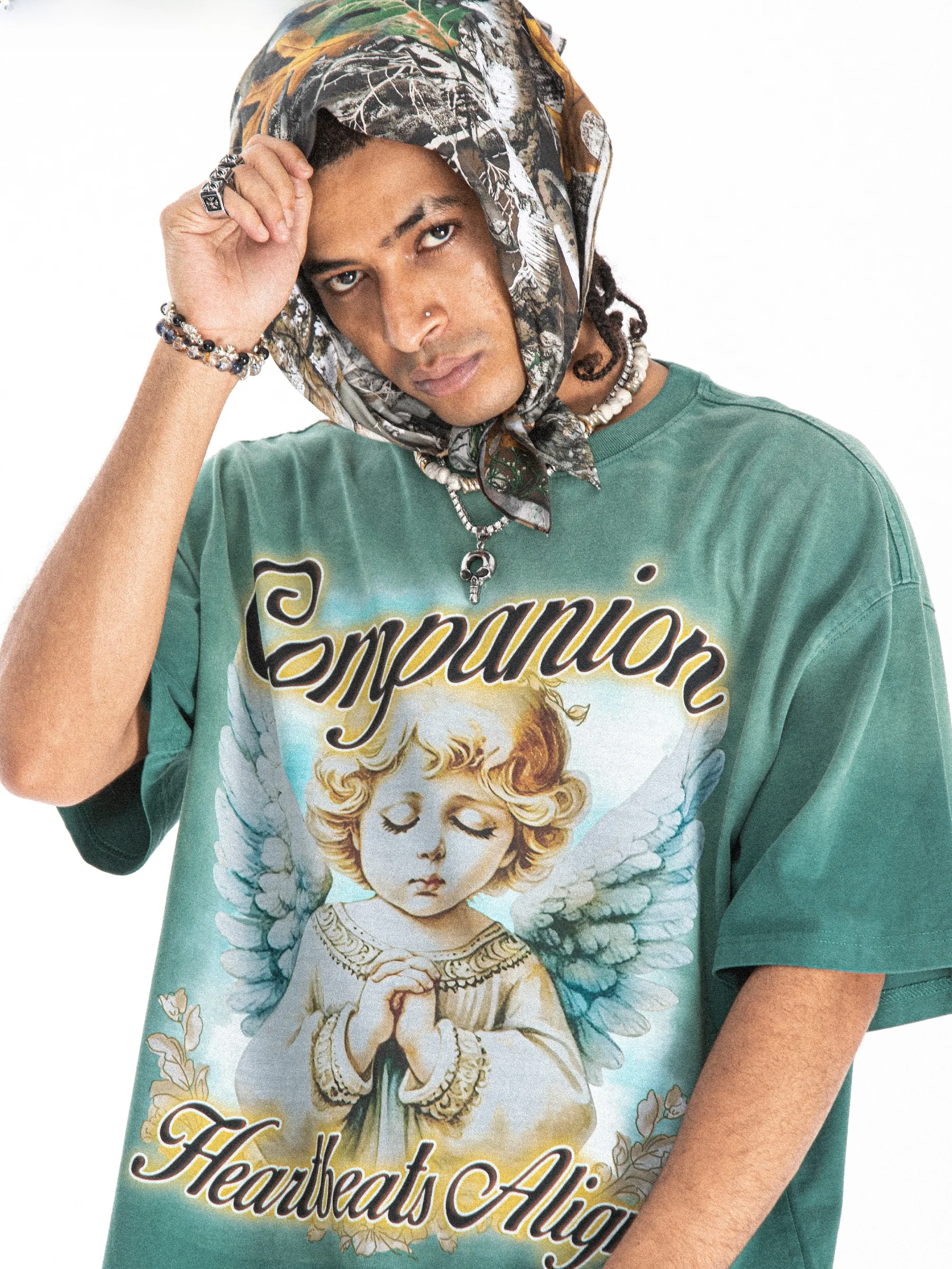 Onesevenine American Washed Vintage Gradient 300g Small Collar Short Sleeve Men's T-shirt Summer Loose High Street Hip Hop