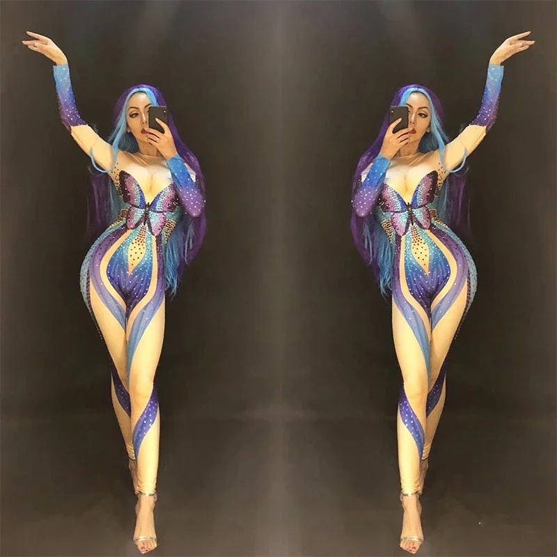 

Celebrate Nightclub Stage Bodysuit Customes Women Sexy Stage Costumes for Singer Butterfly Sparkly Crystal Rhinestone Jumpsuit