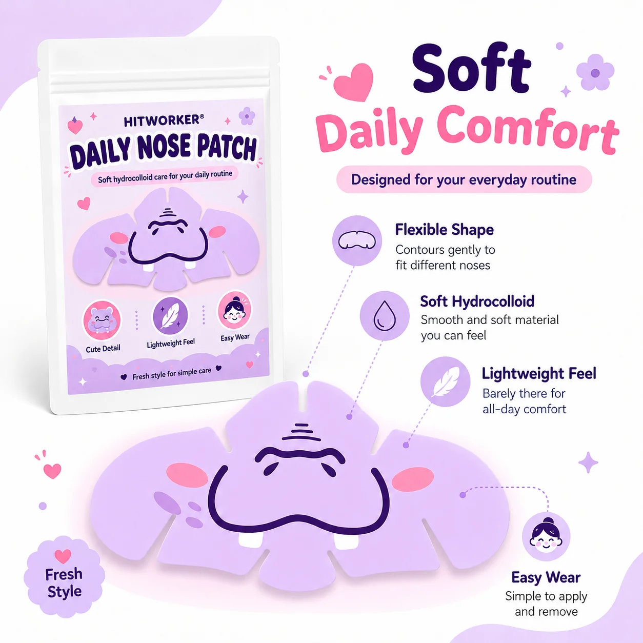 5PCS Cartoon Blackhead Nose Strips, Cute Hippopotamus-Pattern Pore Cleansing Patches with Easy-Peel Design