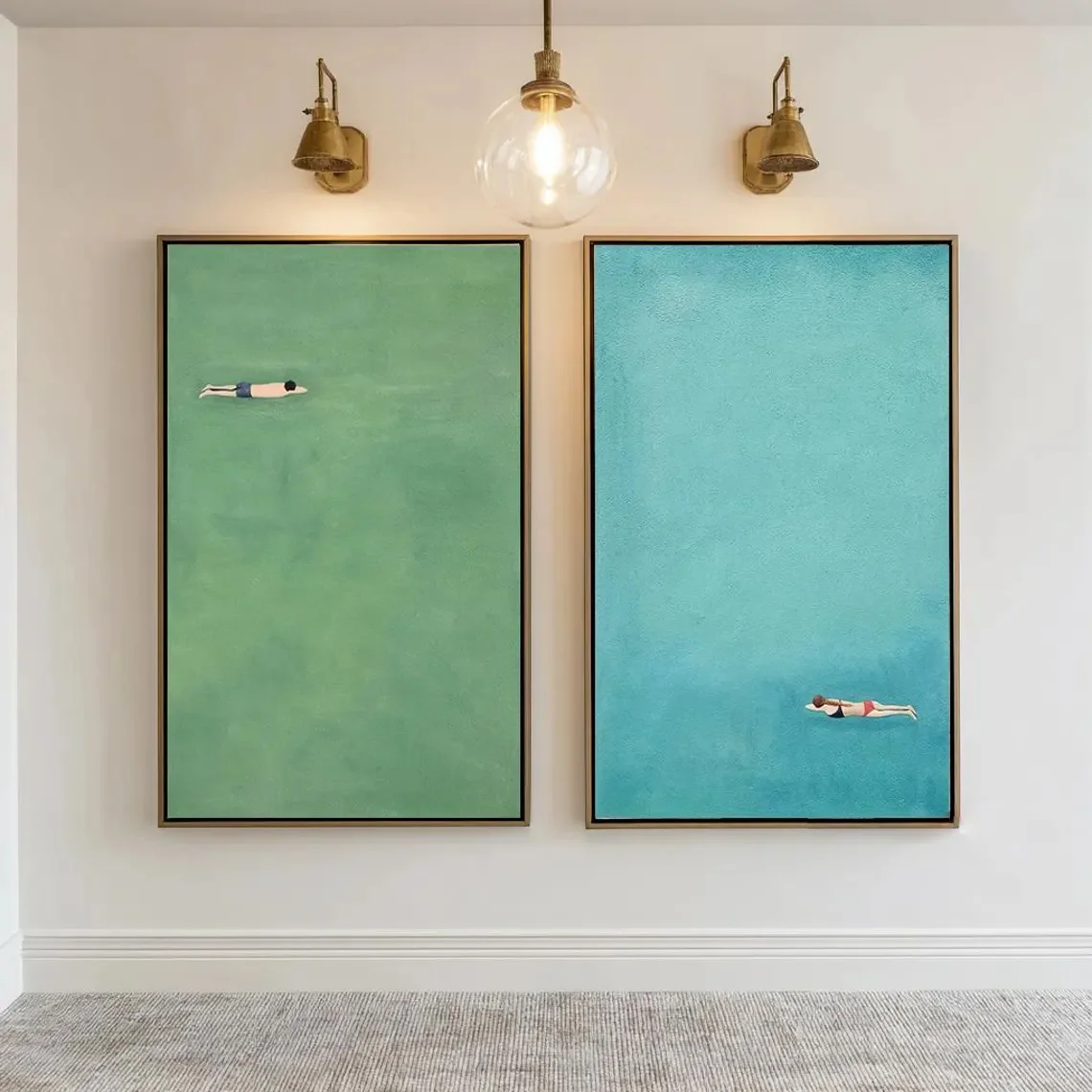 2pcs frameles,Two-piece Set: Wall Decoration, Retro Poster, Blue-green Aquatic Art Canvas Painting, and A Poster Depicting A Swi