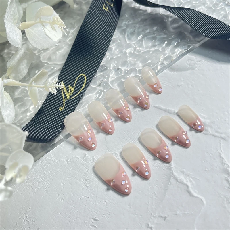 10Pcs Handmade Press on Nails Full Cover Dewdrop Pink French Design Medium Almond False Nails Wearable Manicure Nail Tips Art