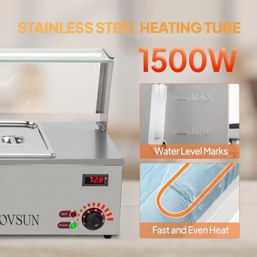 48QT Electric Commercial Food Warmer 6 Pan Steam Table 8QT/Pan Stainless Steel Bain Marie Countertop w/Glass Shield