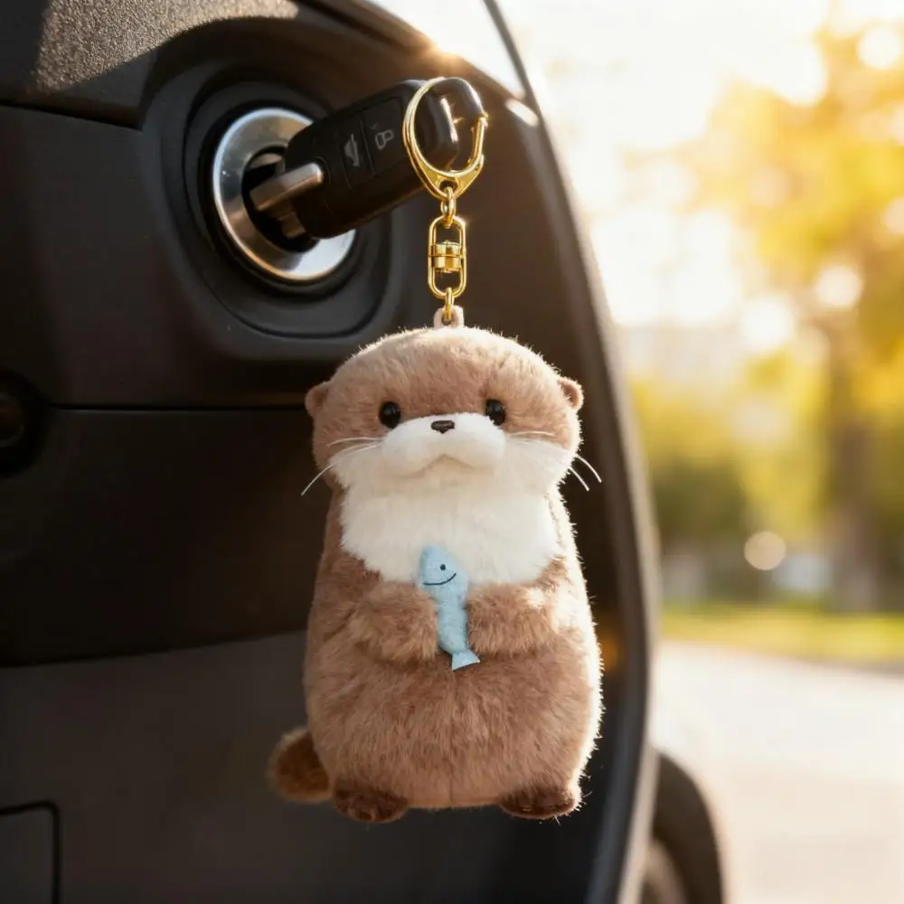 Chaveiro de brinquedo de pelúcia de lontra bonito com peixe-animal kawaii plushie animal de pelúcia abraçando um peixe, presente adorável crianças meninas amigos,