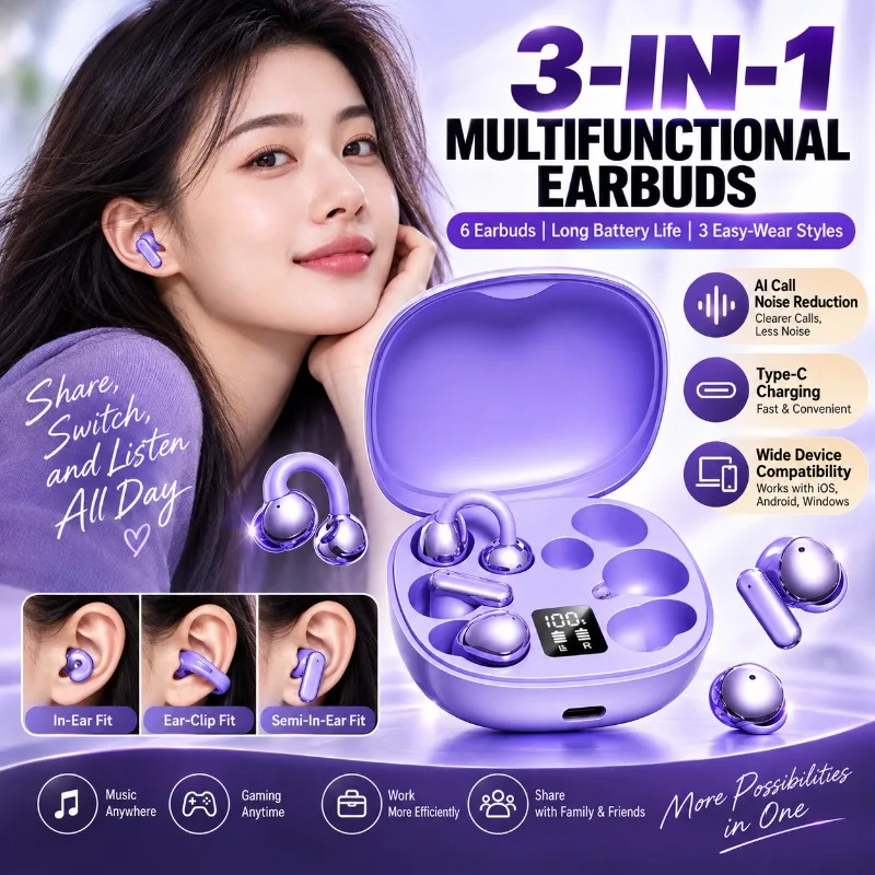 New 3 in 1 Wireless Bluetooth Earphone Mini Ear Clip In-ear Sleep Work Game Headphone Semi-in-ear Power Bank Charger Case Earbud