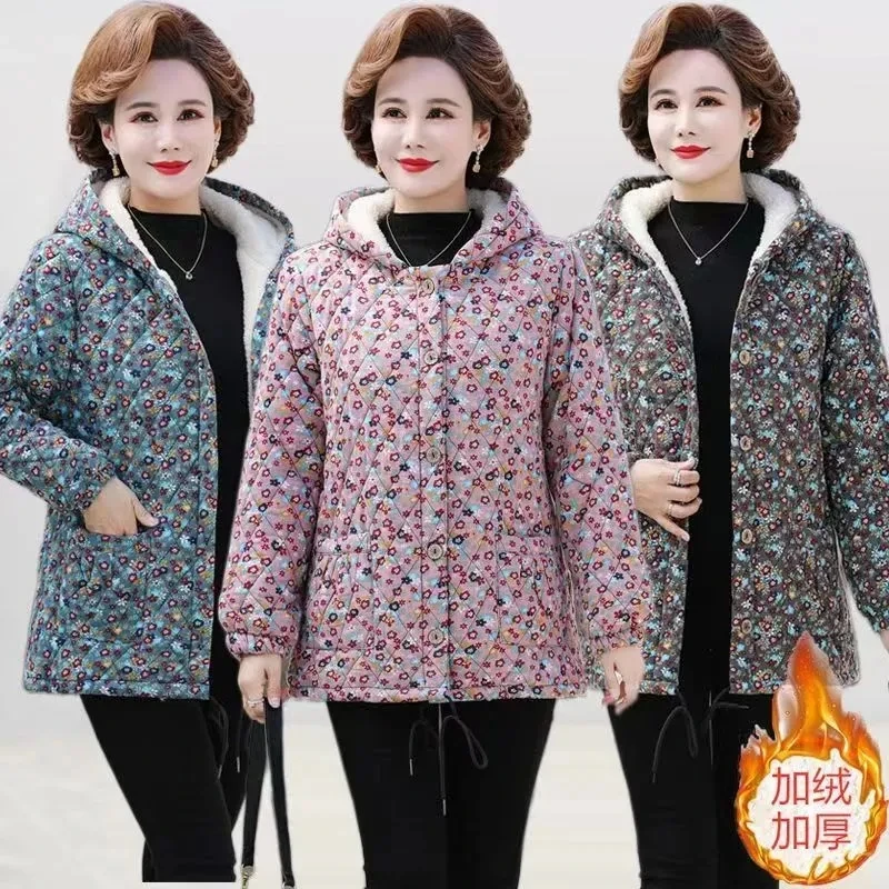 

Large Size Women's Floral Jacket 2023 Autumn And Winter Cotton Coat Korean Loose Slim Hooded Thickened Fleece Outerwear 5XL