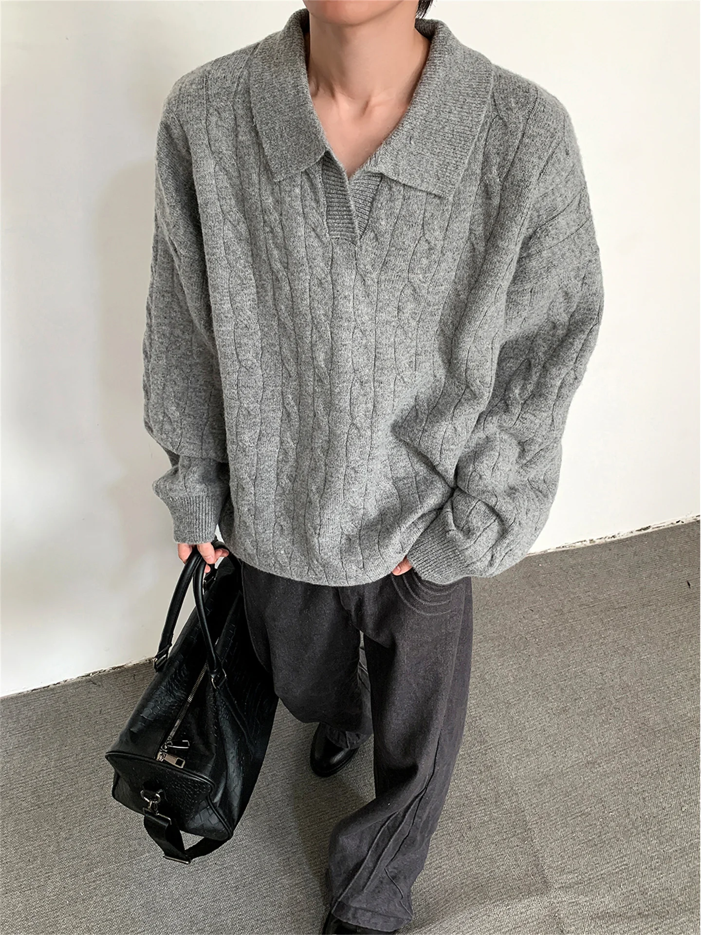 

Мужской вязаный свитер свободного кроя с отложным воротником, повседневный, однотонный, весенне-осенний, модный, теплый, с узором «лапша»