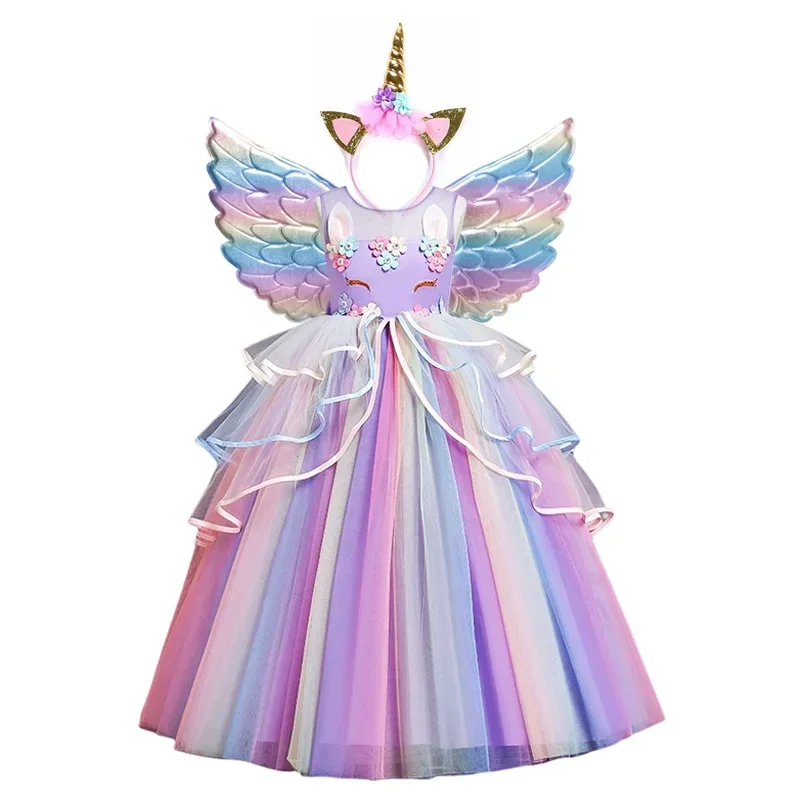 Girls Rainbow Unicorn COS Princess Dress Cake Layers Tutu Prom Gown Children Kids Wedding Evening Formal Party Pageant Vestidos