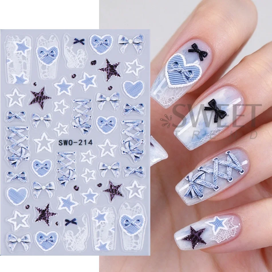 2pcs Embossed Nail Art Stickers Blue Denim Texture Heart Star Bow Lace French Self‑Adhesive Nail Decals DIY Manicure Decorations