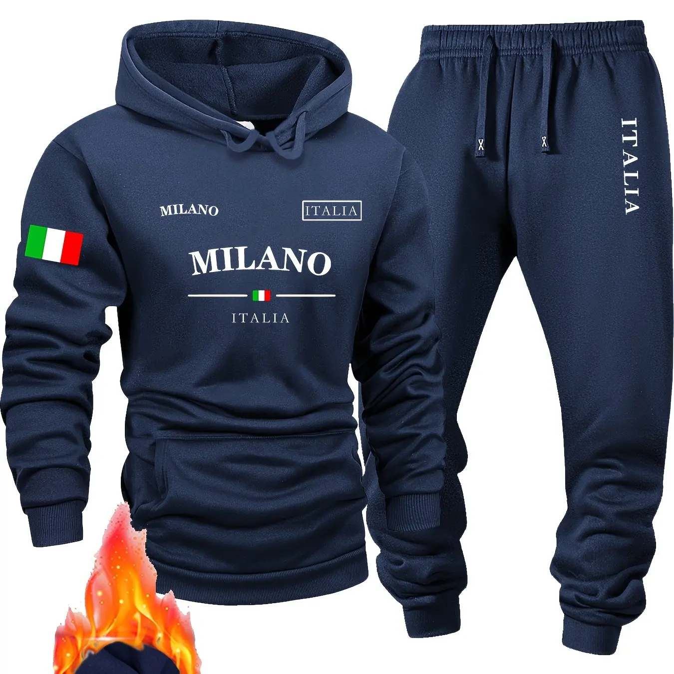 Men's new spring fashion sports hoodie set, with Milan letters and flag print pullover and sports pants, soft and comfortable