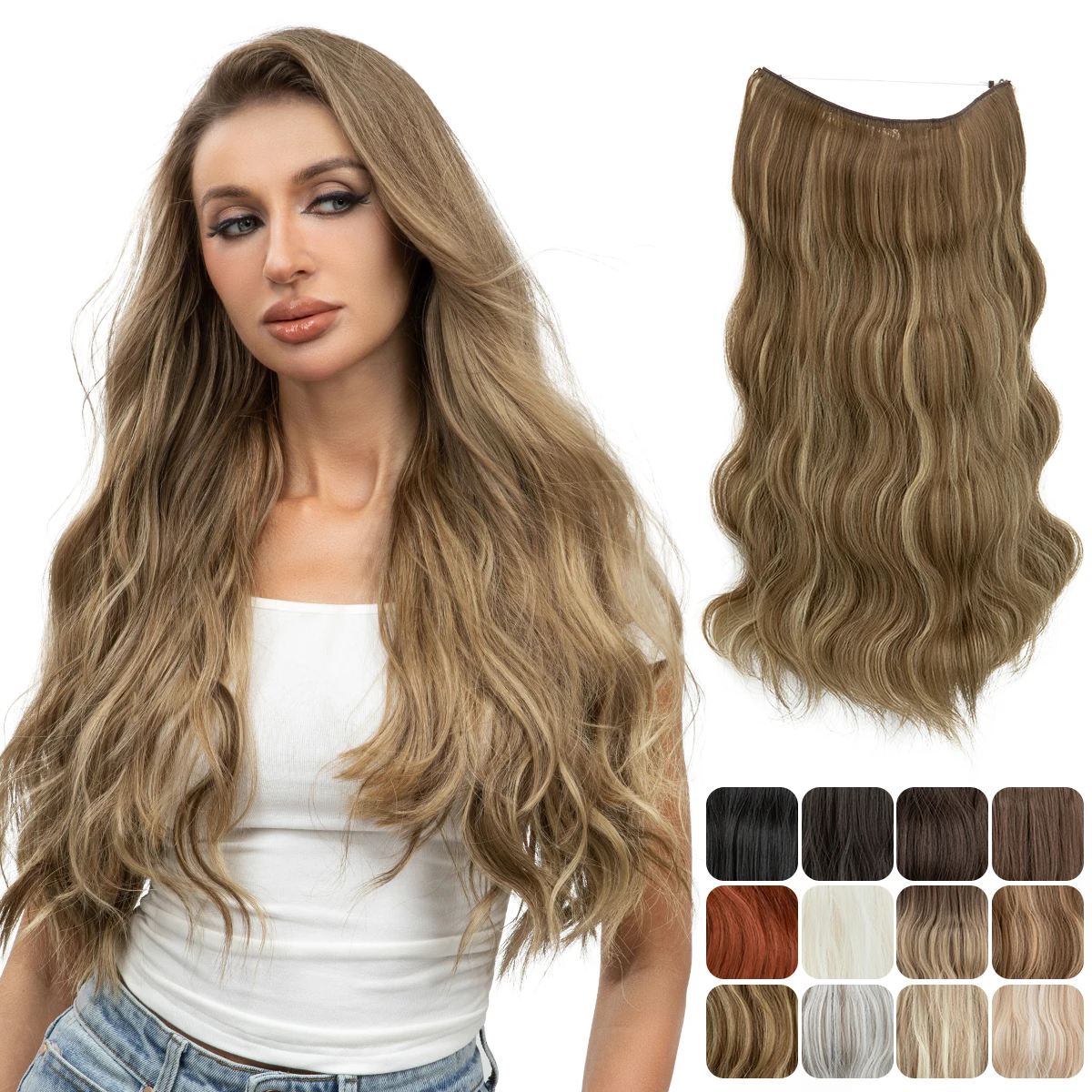 Synthetic Wave Invisible Clip in Hair Extensions Fish Line One Piece Natural False Hairpiece Fake Blonde Hair Piece For Women