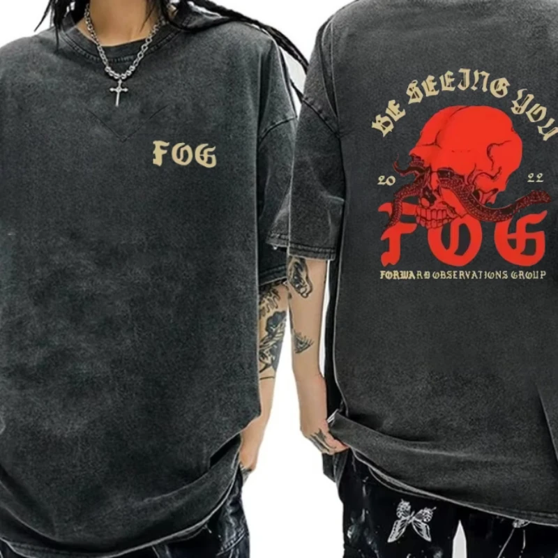 

Vintage Washed Cotton T Shirt Forward Observations Group Battle Tribe From The Grave Print T-shirts Skeleton Male Tops Clothing