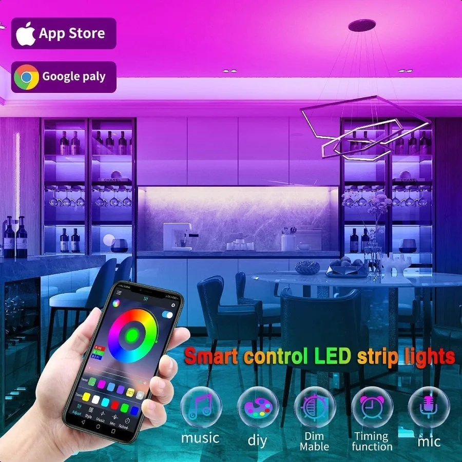 أضواء LED لغرفة النوم 100ft 2 لفات من 50ft مزامنة الموسيقى أضواء شريط تغيير اللون مع جهاز التحكم عن بعد وشريط RGB للتحكم في التطبيقات لـ R