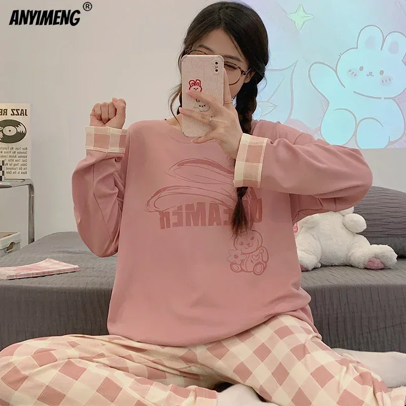 Korean Women Pajamas Set Cartoon Cotton Pajama Korean Long Sleeves Pijamas for O-neck Ladies Nightwear Cute Leisure Sleepwear