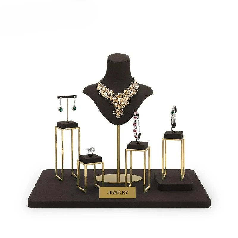 

Coffee colored microfiber metal jewelry display rack, high-end jewelry display props, jewelry store display props