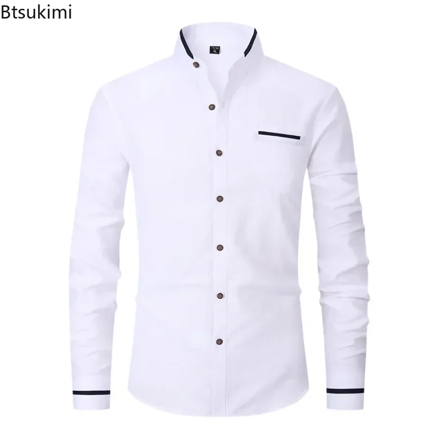 2025 Men's Office Business Shirts Solid Color Blocking Design Stand Collar Slim Long Sleeve Dress Shirt Male Social Basic Shirt