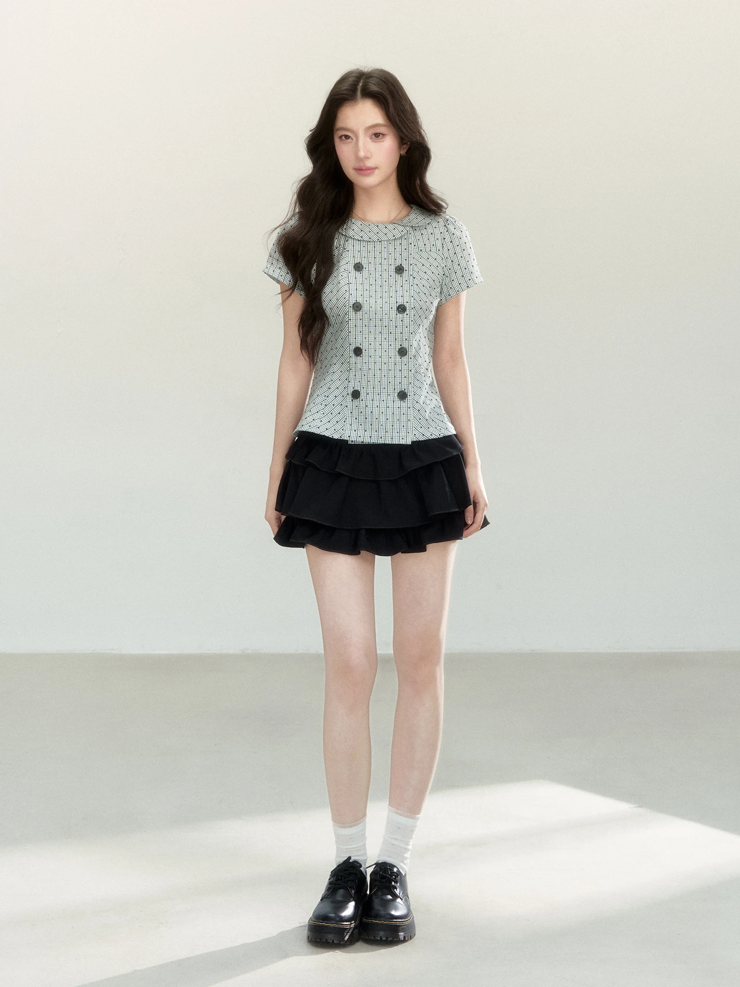 Artistic Girl Doll Collar Plaid Shirt Short Sleeve Waist Cinching Slimming School Style Shirt Polyester Cotton Blend Summer N...