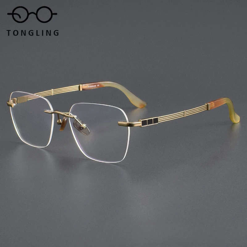 New Men frameless buffalo horn highend light luxury titanium polygonal women spectacle frame supports custom prescription lenses