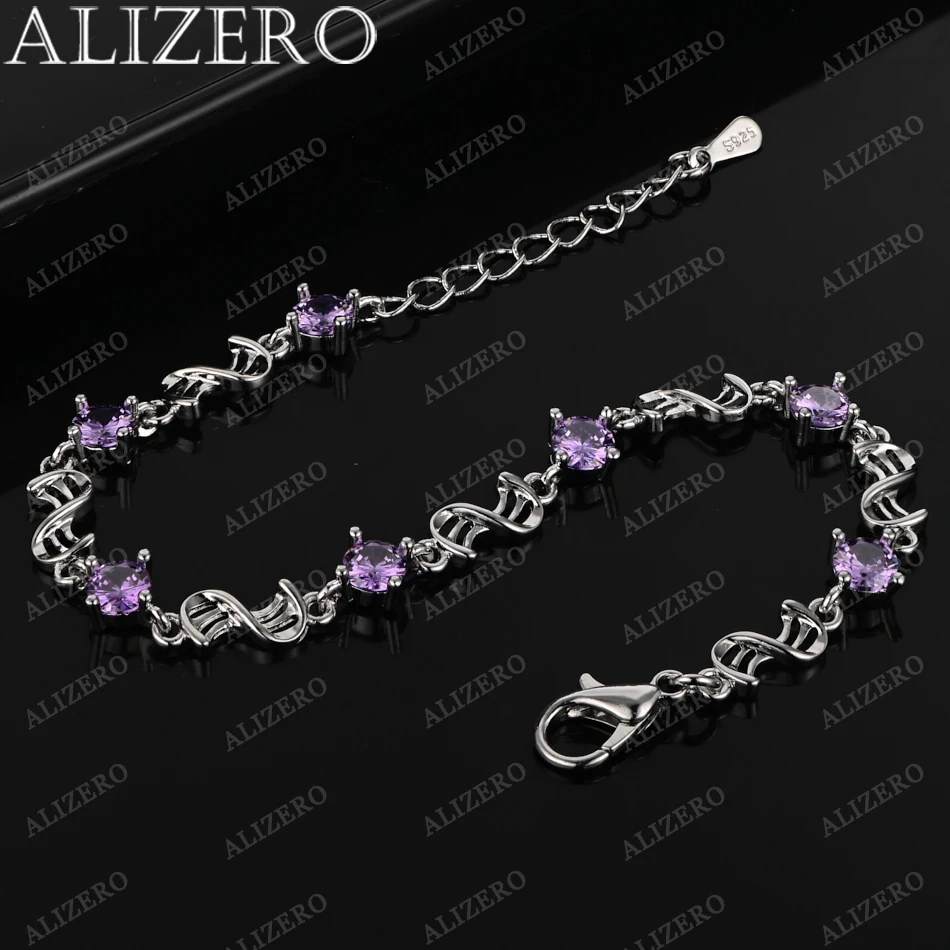ALIZERO 925 Sterling Silver Bracelet White / Purple Zircon Crystal Bracelets for Women Wedding Party Fashion Fine Jewelry Gifts