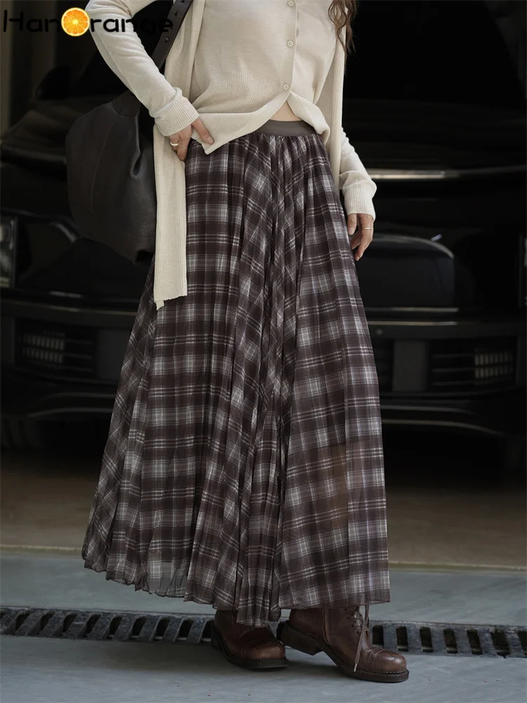 

HanOrange 2025 Autumn Retro Checkered Large Pendant Skirt Women A-line Long Skirt Blue Coffee/Coffee