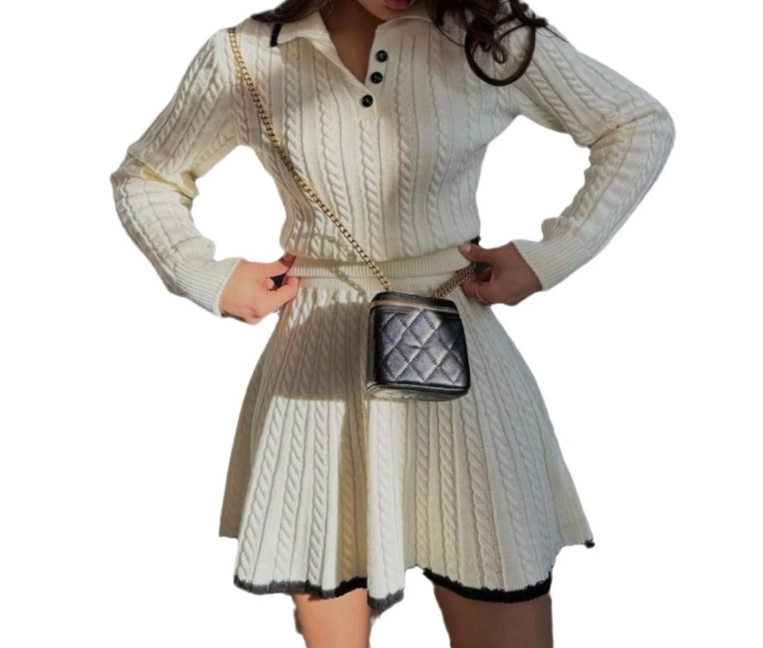Woolen Set 2025 Spring and Autumn Women's Long Sleeve Button Collar Knitted Shirt Top Short Umbrella Skirt