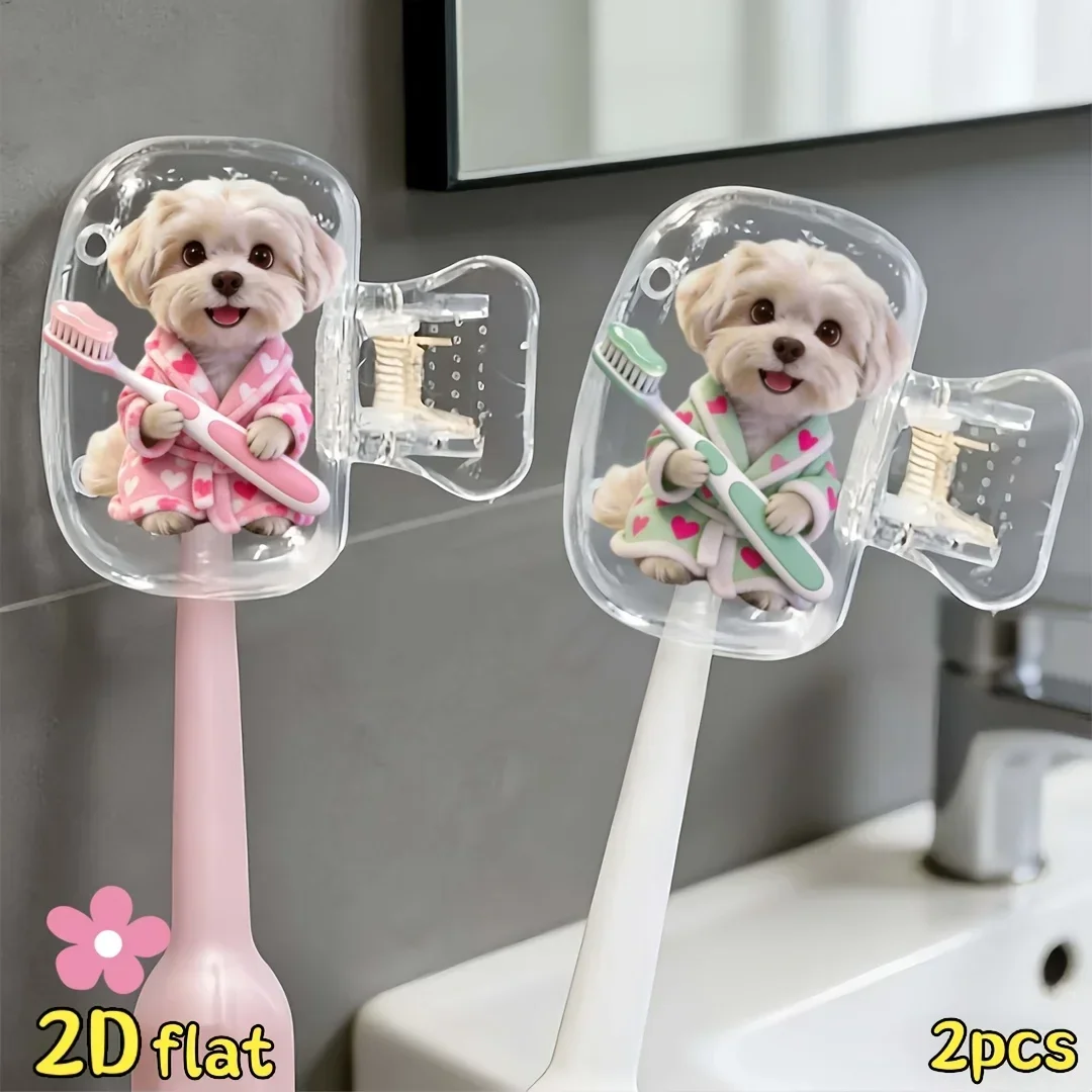 2pcs Maltese Dogs Holding Toothbrushes Toothbrush Clips for Bathroom Camping Business Supplies Holiday-Themed Storage Box