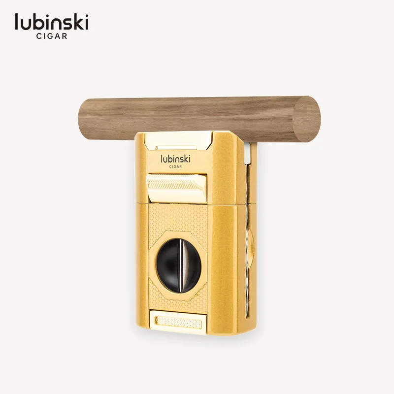

LUBINSKI Luxury 4-in-1 Cigar Lighter V-Type Cigar Cutter Cigar Punching Needle Metal 4-Torch Gas Desktop Lighter Men's Gifts
