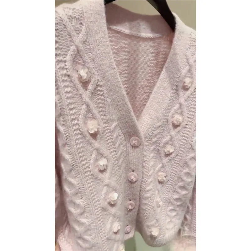 [oein]  Spring Unique Design This Year's Trend Is High-end Pink Ostrich Fur Sweater Knitted Cardigan Inside