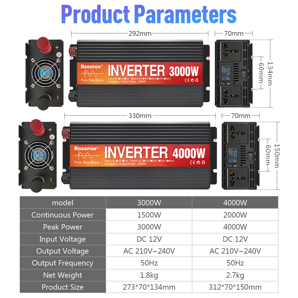 3000W 4000W Pure Sine Wave Inverter DC 12V To AC 220V 50Hz Transformer Converter Solar Off Grid Car Inverters Home Power Station