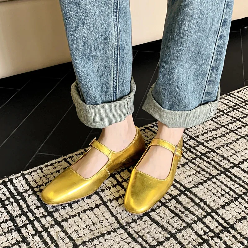 

Women’s Genuine Leather Mary Janes Gold Comfortable Elegant Luxury Ballet High Quality Round Toe Flats Woman Summer Shoes