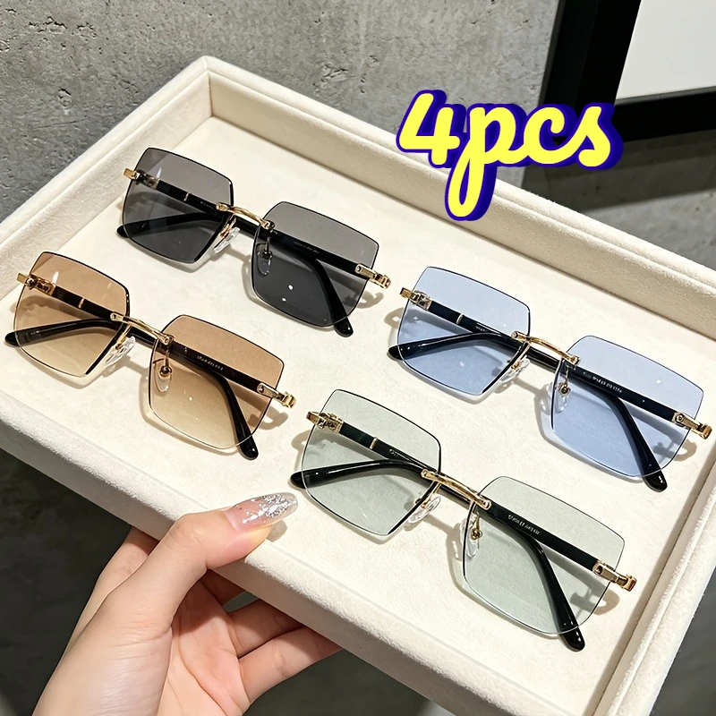 4‑Pack Men & Women Rimless Square Decorative Eyeglasses, Fashion Casual Daily Wear, Great for Couple Presents