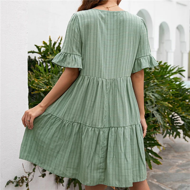 Women Short Sleeve Loose Dress with A-line Version, Simple Style Solid Color V-neck Summer Clothing