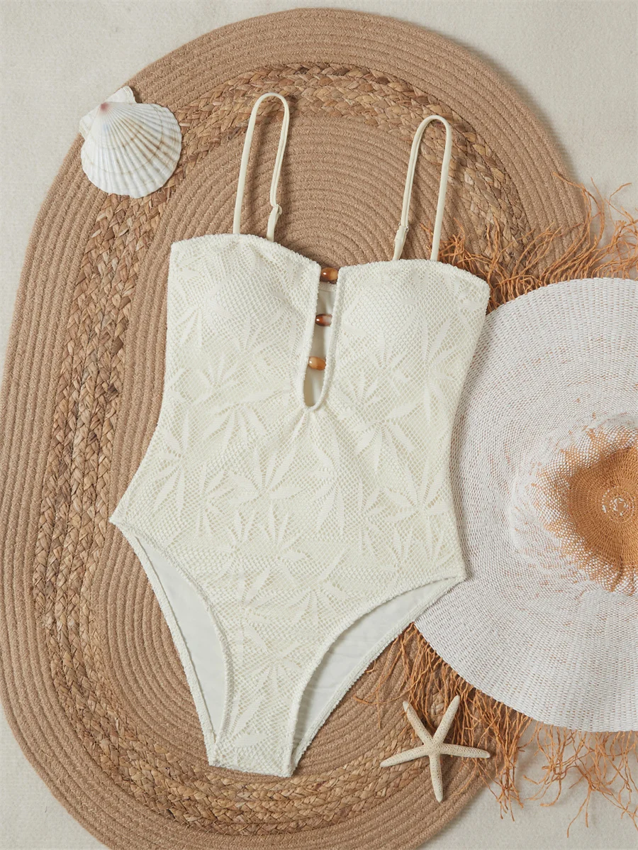 Einteiliger Badeanzug für Damen, gehäkelte Spitze, tiefer V-Ausschnitt, sexy Badeanzug, Sommer, Strandurlaub, Bademode, verstellbarer Riemen, Monokini – Detail 11