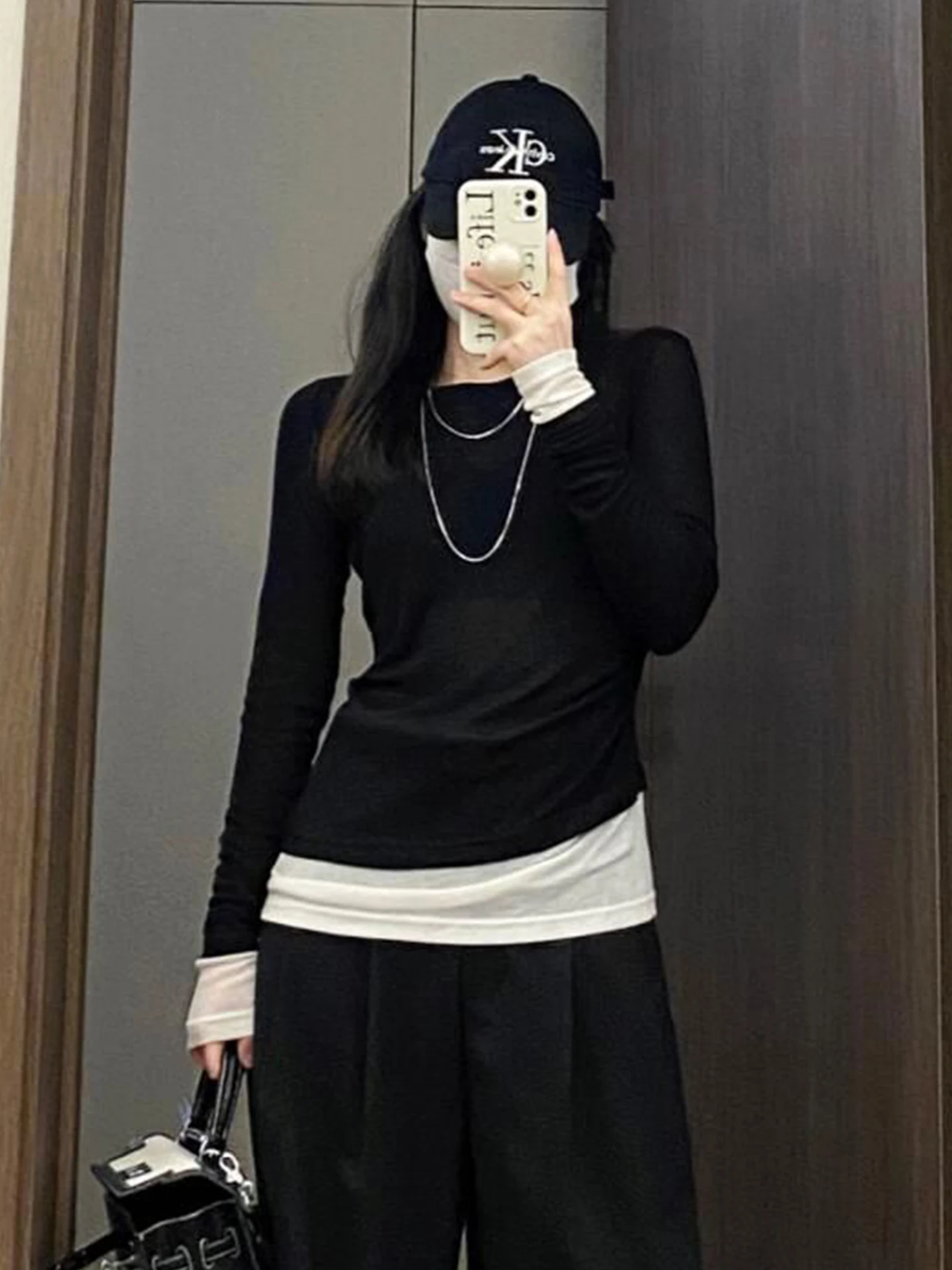 Slim Fit Long Sleeve T-Shirt Women's Patchwork Uneven Design Sense Fake Two-Piece Style  Body Type Suitable Korean Style...