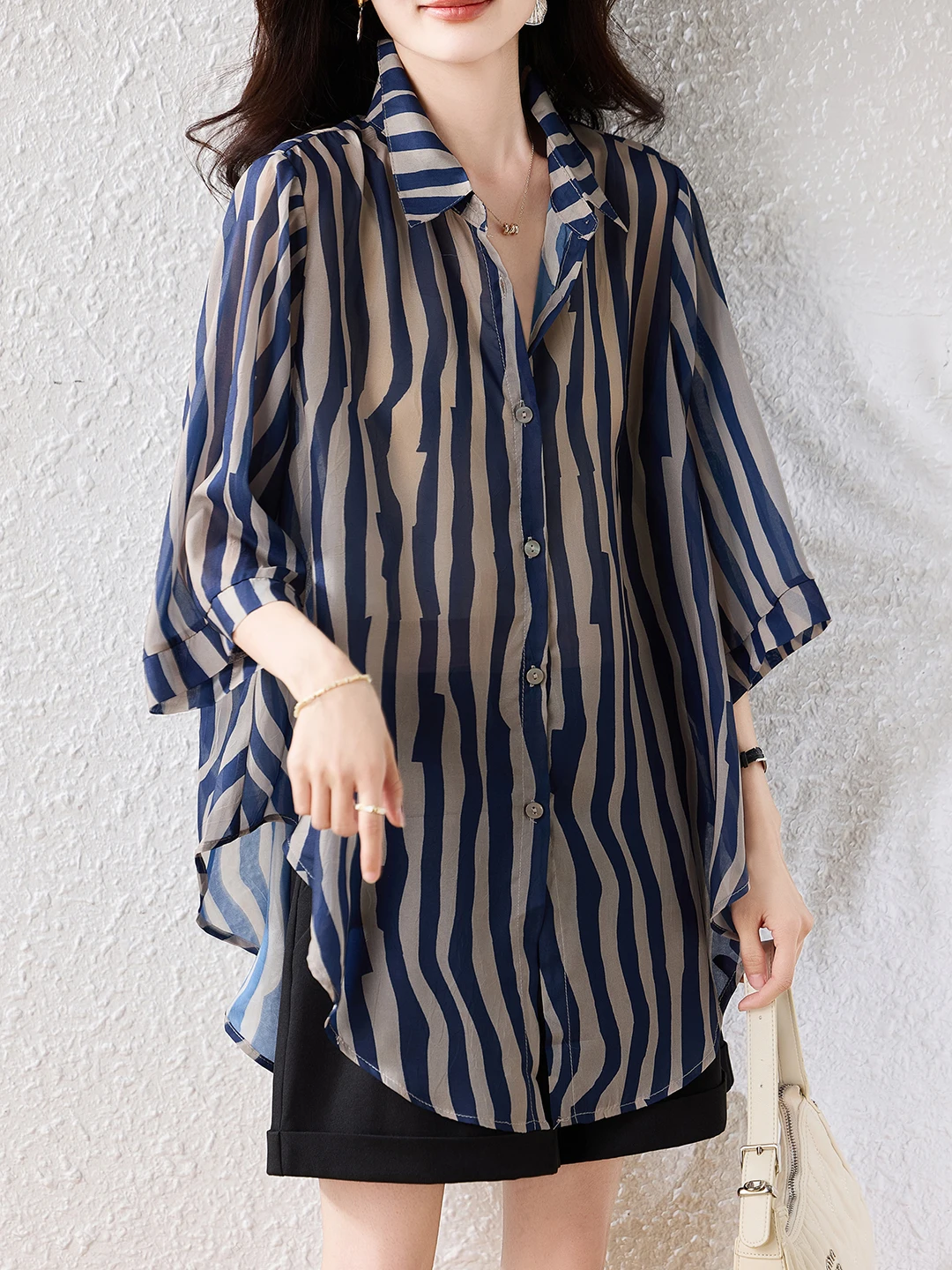 Summer Faion Striped irt Colletto ampio e vestibilità casual Sle Effetto dimagrante Seven Sve Top da donna Premium Quali