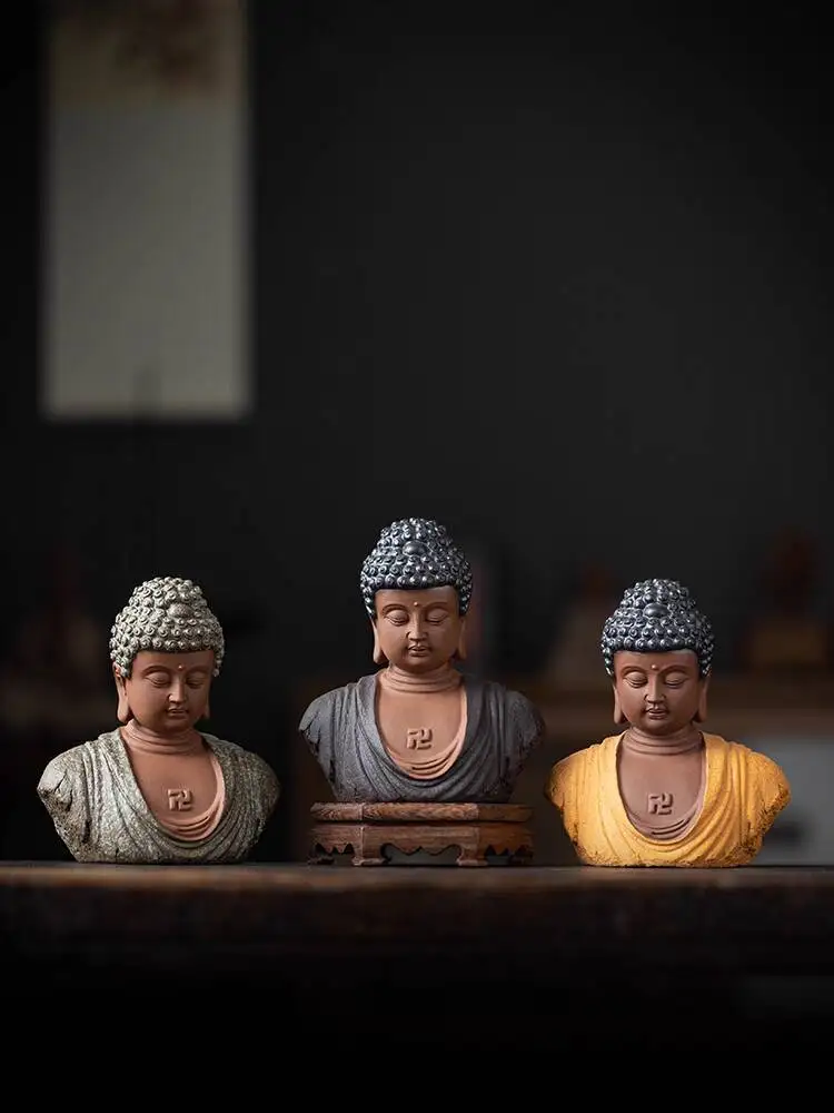 

Zen inspired purple clay tea table Buddha statue decoration Tea pet ornaments Half body Buddha Shakyamuni tea room decoration