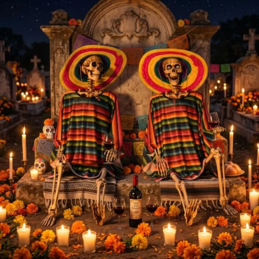 Halloween Day of the Dead altar decoration: life-size posable skeleton with movable jaw, shawl and sombrero, white plastic, out