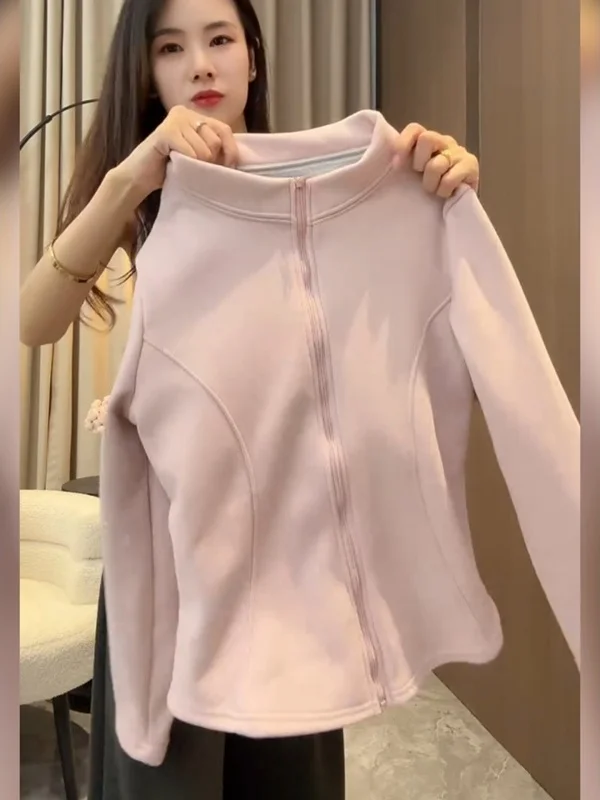 

Pink Zipper Yoga Top Women's Faion Slim Fit Korean Sle Autumn Winter New Sle Small Size Outerwear for plus Size Women