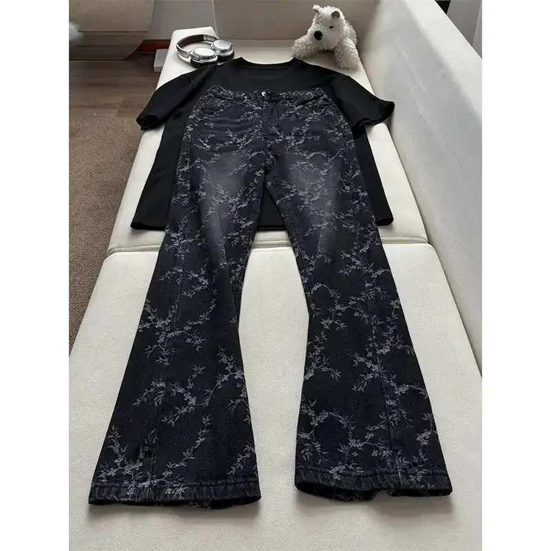 

Летние уличные хип-хоп мужские и женские модные персонализированные потертые прямые джинсы для пар, повседневные брюки жаккардового дизайна в стиле ретро