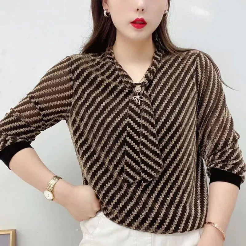 Commute Striped Spliced Blouse Fashion Bright Silk Spring Autumn New Long Sleeve Women\'s Clothing Elegant V-Neck Bandage Shirt