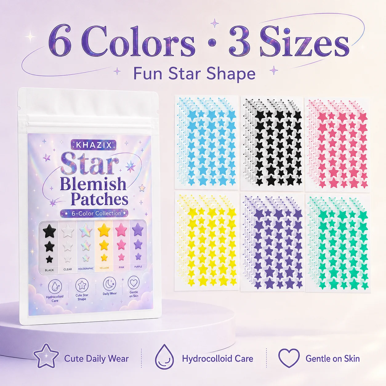 Facial Star Pimple Patches in Multiple Sizes, Colorful, Invisible, Breathable, Concealing Blemishes.