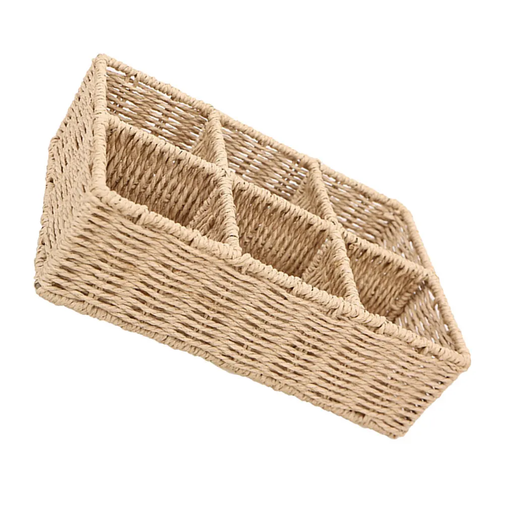 

Rectangular Basket Compartment Desktop Woven Storage Countertop Makeup Organizer Vintage Hotel Bedroom Decor Six Grid Storage